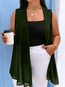Calvaya Chaqueta sin mangas sencilla diaria de talla grande para mujer en color liso - Verde militar - Ver 1