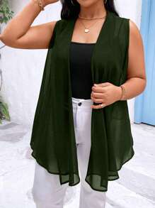 Calvaya Chaqueta sin mangas sencilla diaria de talla grande para mujer en color liso - Verde militar - Ver 6
