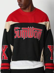 SUMWON Felpa corta con stile retrò da college, in colorblock, maniche lunghe, grafica con logo sportivo, stile casual, sportivo e da strada, adatta per autunno e inverno