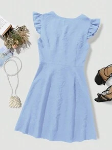 SHEIN Clasi Deep V-Neck Dress With Button Decoration, Ruffled Hem, Waist Belt For Summer Casual Wear - Blue - View 2