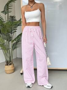 SHEIN EZwear Pantalones largos para mujer de un solo color con estampado de cuadros sencillo para uso diario