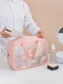 Large Capacity Translucent Pink Cosmetic Bag With Letter Print, Portable