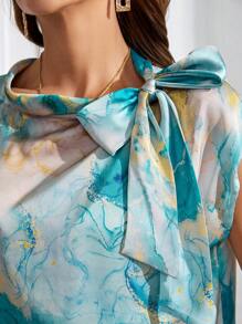 SHEIN Clasi Women's Collar Tie Bowknot Design Satin Mint Blue & Gold Marble Design Elegant Fresh Blue Shirt - Multicolor - View 6