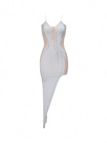 Fashion New Rhinestone Decor Sexy Camisole Mesh See-Through Dress For Women - White - View 3
