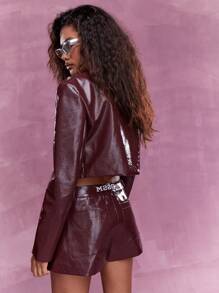 MISSGUIDED Shiny Faux Leather Jacket And Shorts Set Christmas - Burgundy - View 2