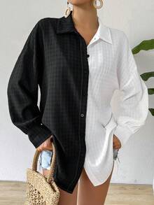 SHEIN LUNE Casual Drop Shoulder Shirt With Texture Splicing Fabric - Black and White - View 5