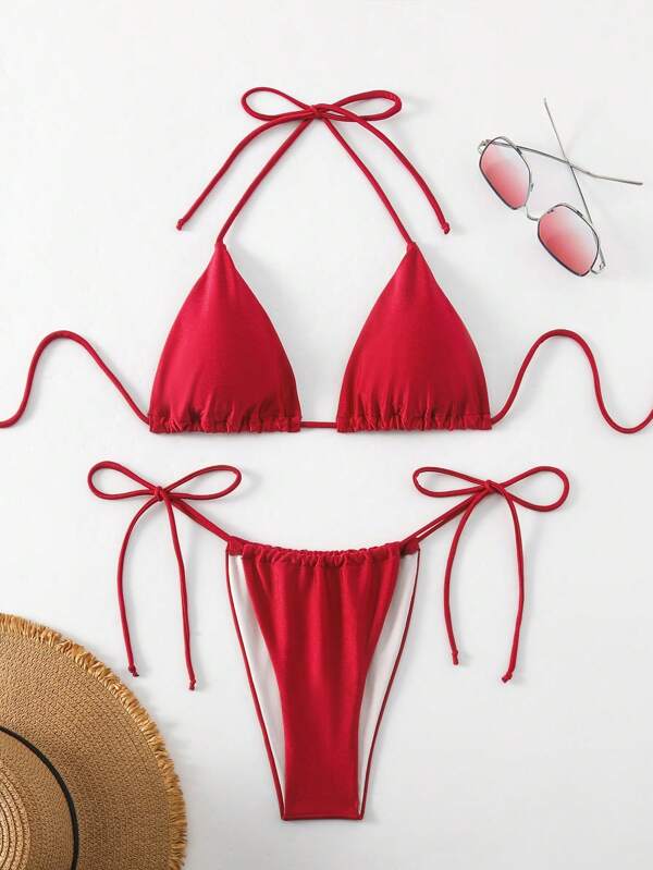 SHEIN Swim 2-Piece 2025 Women's Summer Beach Plain Color Halter Tie-Up Sexy Bikini Swimwear Set, Micro Triangle