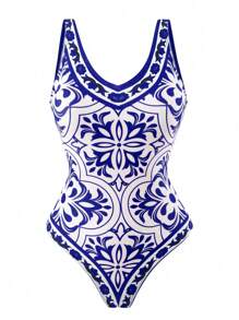 Swim Oasis Plus Size Summer Beach Full Print Deep V-Neck One-Piece Swimsuit And Long Pants Set - Royal Blue - View 3