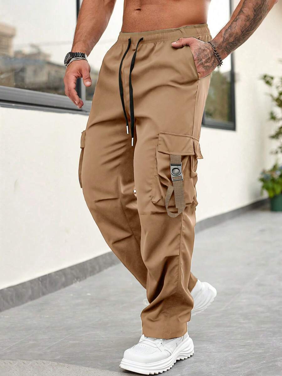 Pantalones cargo de hombre con corte recto y suelto, funcionales y ligeros, con bolsillos grandes, estilo de ropa de trabajo de moda, para primavera/verano - Caqui - Ver 1