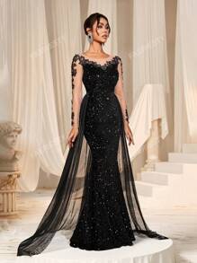 Faeriesty Vestido de gala elegante con cola de sirena con lentejuelas y brillo, con bordado floral y tren de tul fluido de Faeriesty | Vestido de noche de lujo para galas de etiqueta negra, bodas