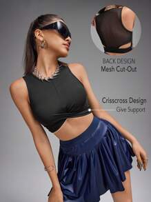 Innovista Women Summer Solid Color Crop Round Neck Sports Tank Top - Black - View 1