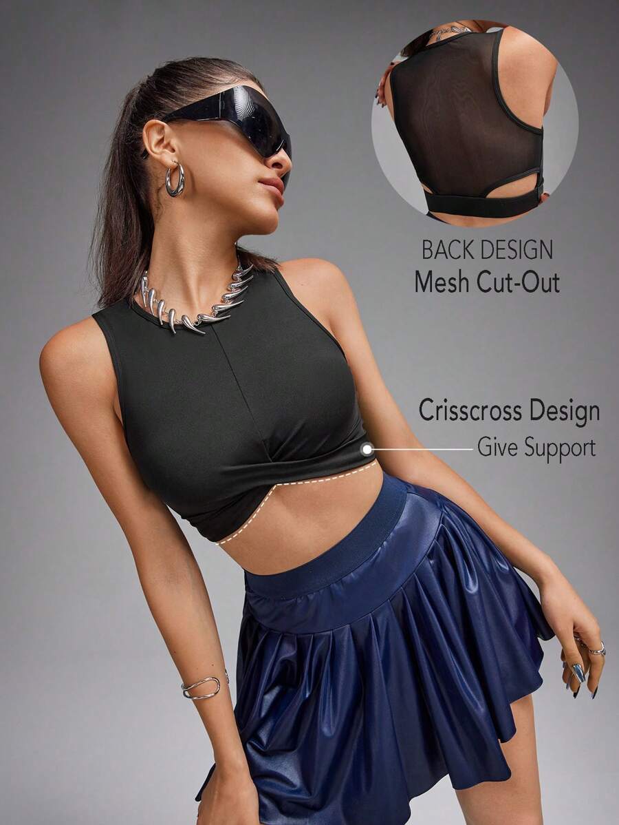 Innovista Women Summer Solid Color Crop Round Neck Sports Tank Top - Black - View 1