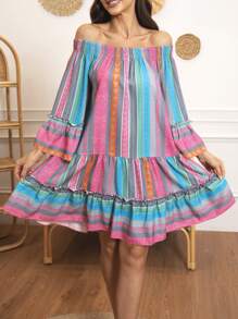 度假休闲拼色条纹几何印花露肩喇叭袖连衣裙 - 彩色 - 查看 2