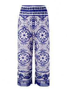 Swim Oasis Plus Size Summer Beach Full Print Deep V-Neck One-Piece Swimsuit And Long Pants Set - Royal Blue - View 5