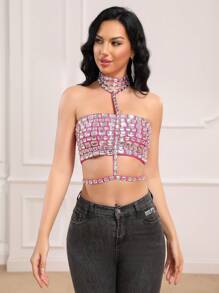 Handmade Rhinestone Bandeau Halter Neck Crop Top, Summer