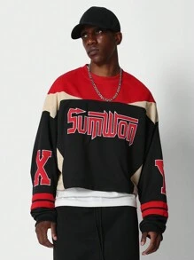 SUMWON Felpa corta con stile retrò da college, in colorblock, maniche lunghe, grafica con logo sportivo, stile casual, sportivo e da strada, adatta per autunno e inverno