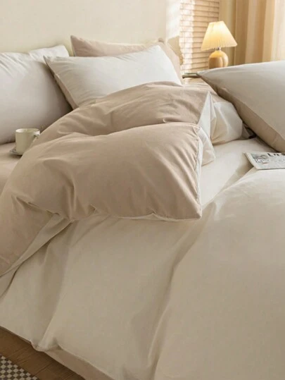 3pcs Bicolor Beige & White Bedding Set, Pillowcase And Duvet Cover, Back To School