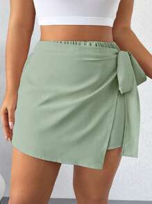 Calvaya Plus Size Solid Color Knotted Asymmetric Hem Casual Shorts For Summer