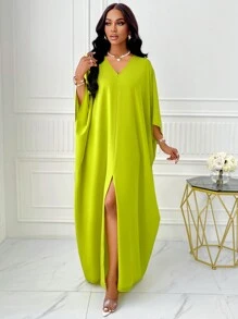 BIUBIU V Neck  Batwing Sleeve Split Thigh Dress - Green - View 5