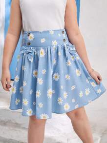SHEIN Tween Girl Extended Size Casual Double-Breasted Skirt With Bow Decoration On Waist