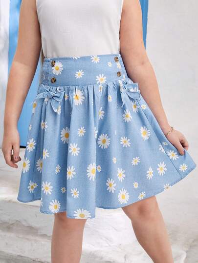 SHEIN Tween Girl Extended Size Casual Double-Breasted Skirt With Bow Decoration On Waist