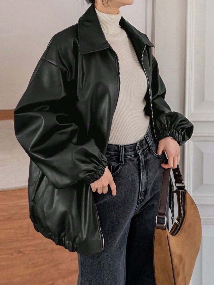 Dazy-Less Drop Shoulder Slant Pockets PU Jacket,Fall Women
