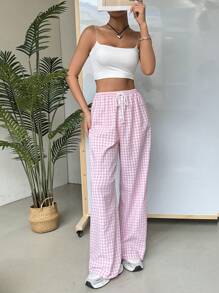 SHEIN EZwear Pantalones largos para mujer de un solo color con estampado de cuadros sencillo para uso diario