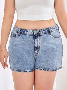 SHEIN Cottnline FOLD UP HEM MIDDLE LENGTH SHORT - Medium Wash - View 4