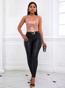 Zolique Women's Summer Metal Texture Shoulder Knot V-Neck Tank Top - Champagne - View 3