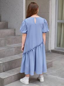 SHEIN Vestido para niñas preadolescentes de talla extendida con manga corta tipo burbuja, corte holgado, tejido texturizado y decoración con etiqueta tejida - Azul - Ver 2