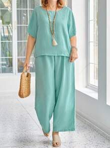 Conjunto de Top e Calça Plus Size Feminino, Cor Sólida Simples, Uso Diário Casual - Verde Oliva - Visão 5