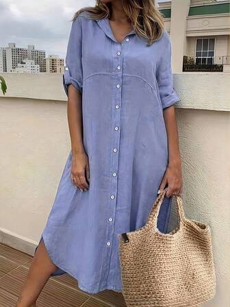 Nuovo vestito in lino a tinta unita europea e americana a maniche lunghe con colletto e stile vacanziero, adatto per primavera ed estate