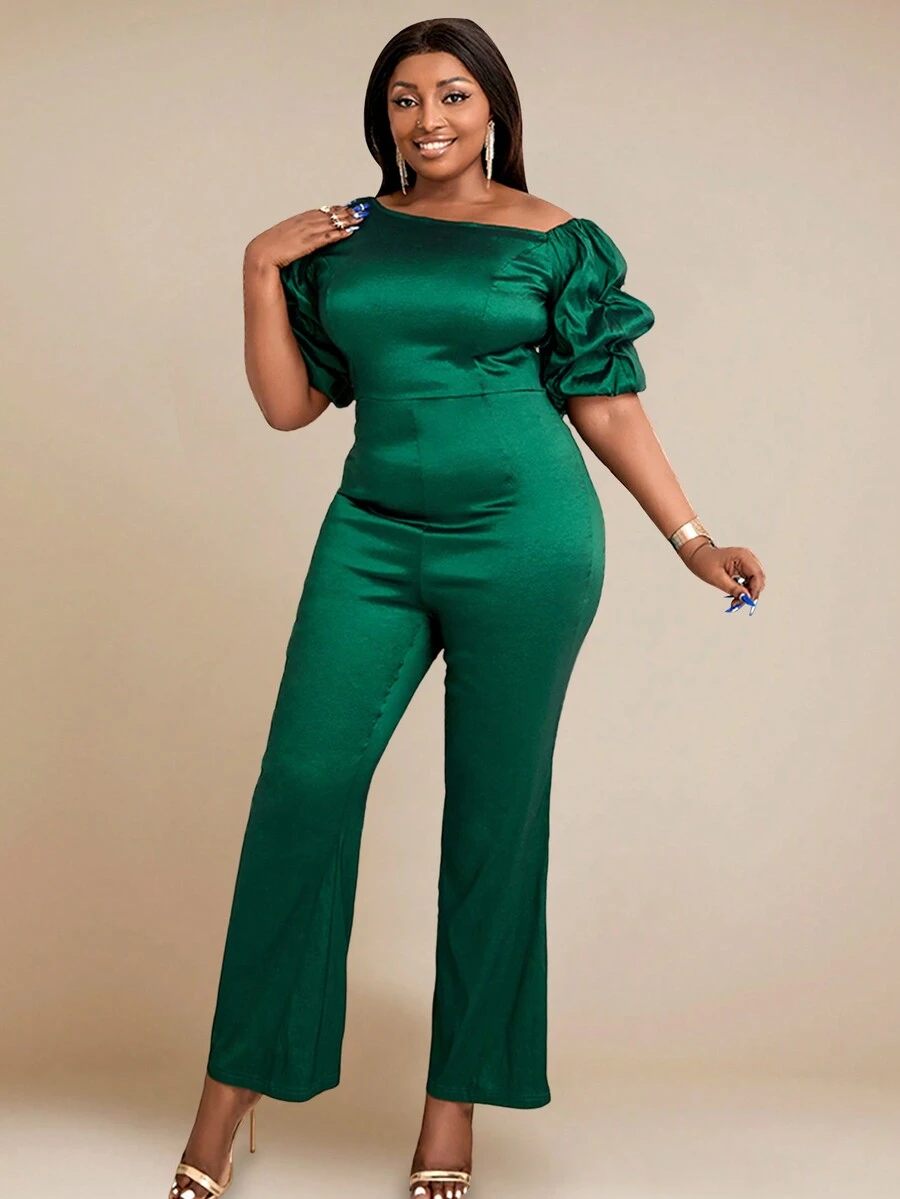 大碼不對稱領泡泡袖緞面連身褲 - 綠色 - 查看 1