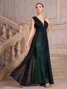 Women's Deep V Sequin Mesh Panel Long Sleeveless Formal Evening Gown (Heavyweight Design) - Black - View 5