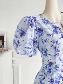 Seusyu 女士花卉印花灯笼袖阿拉伯连衣裙 - 藍色 - 查看 3