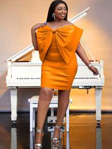 大碼前大蝴蝶結緊身連衣裙 - 橘色 - 查看 4