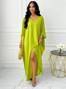 BIUBIU V Neck  Batwing Sleeve Split Thigh Dress - Green - View 6