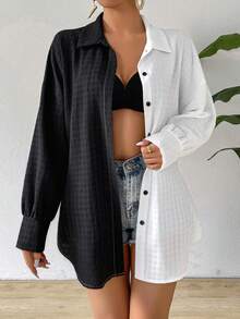 SHEIN LUNE Casual Drop Shoulder Shirt With Texture Splicing Fabric - Black and White - View 6