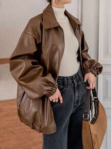 Dazy-Less 落肩斜插口袋PU皮夹克，秋季女装皮夹克