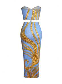 SHEIN Unity Women Random Printed Strapless Top With Slit Skirt Set - Blue - View 2