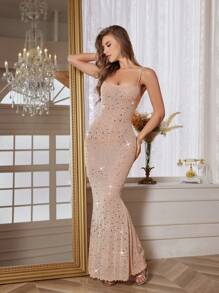 Vestido de fiesta de verano elegante de mujer con aplicaciones de strass y ajustado al Body - Champán - Ver 4