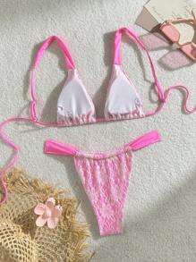 Swim Mod 2pcs/Set Women Summer Beach Floral Lace Sexy Bikini Swimsuit Set, Fabric Pattern Random - Pink - View 2