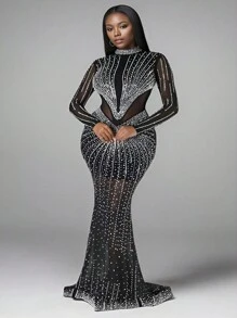 Elegant Women's High Neck Sparkling Rhinestone Fishtail Hem Prom Dresses Graduation Outfit,Party Dress,Gown,Formal,Evening,Wedding Guest - Black - View 2