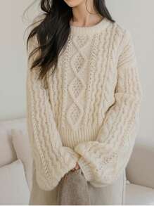 Dazy-Less Cable Knit Drop Shoulder Sweater,Long Sleeve Tops Old Money Style,Fall Women Clothes - Beige - View 9