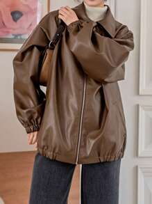 Dazy-Less 落肩斜插口袋PU皮夹克，秋季女装皮夹克