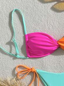 Women's Summer Beach Contrast Color Chest Knot Sexy Bikini Set
