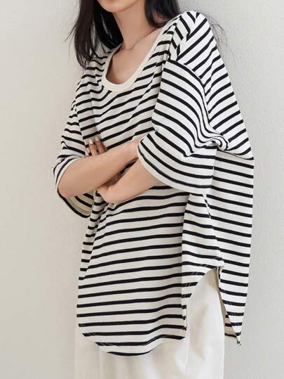 Dazy-Less 条纹印花落肩开衩 T 恤老式风格超大 T 恤商务休闲女士工作服
