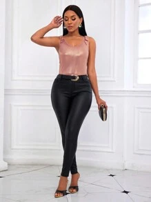 Zolique Women's Summer Metal Texture Shoulder Knot V-Neck Tank Top - Champagne - View 6