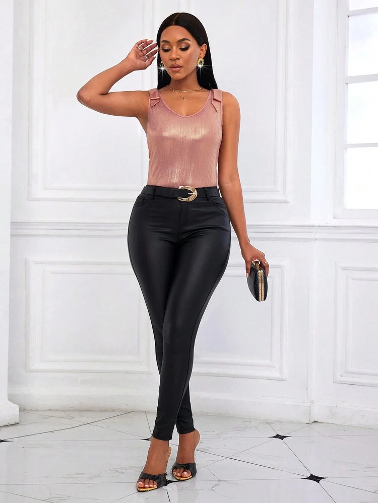 Women's Summer Metal Texture Shoulder Knot V-Neck Tank Top