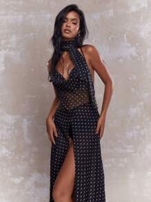 MISSGUIDED Polka Dot Cowl Neck Open Front Maxi Top With Tie Scarf - Black - View 4